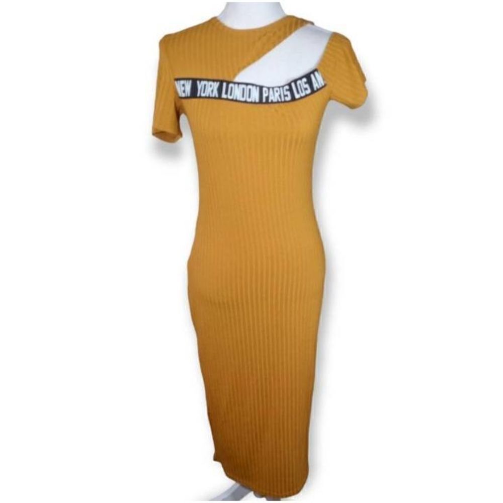 SHEIN MUSTARD CUTOUT BODYCON DRESS SZ.L EUC.  GORGEOUS DRESS IN EXCELLENT USED C